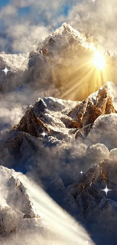 Snow-capped mountains with sunrise and clouds in background.