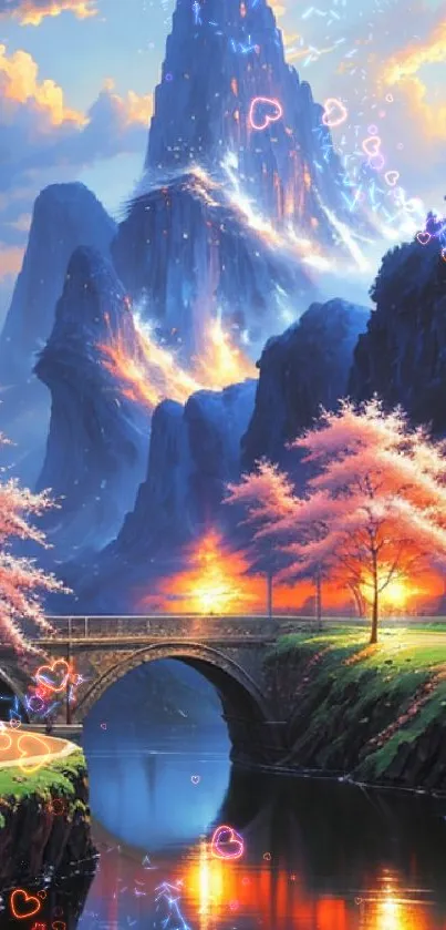 Majestic mountain scene with blossoms and river.