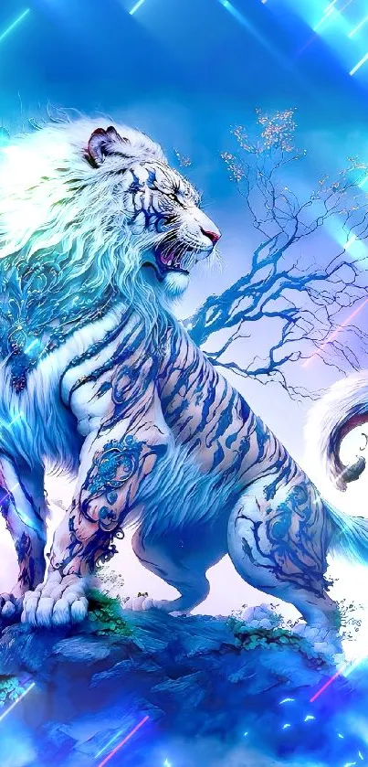Majestic white tiger with blue mystical patterns.