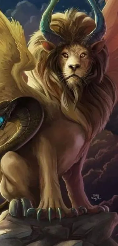 Mythical lion wallpaper with majestic wings.