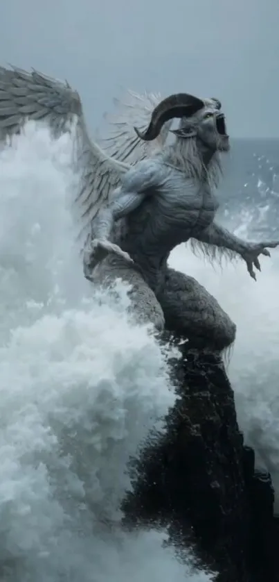 Winged mythical creature atop a stormy ocean cliff with crashing waves.