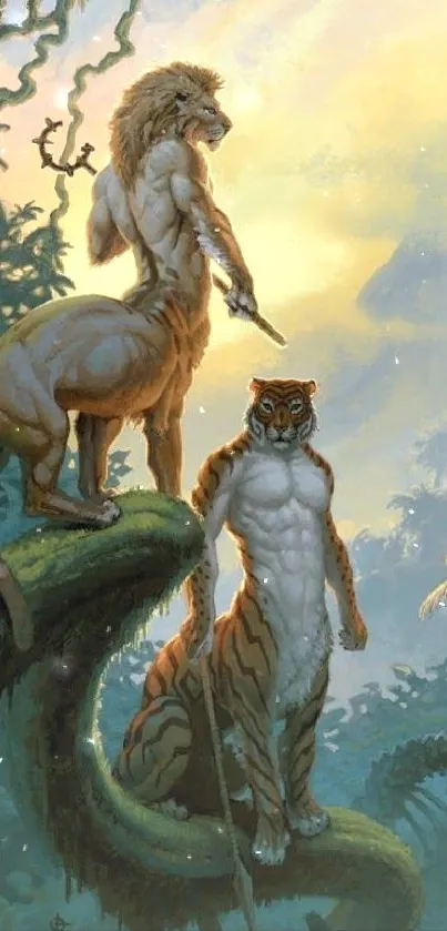 Humanoid lion and tiger in jungle fantasy art wallpaper.