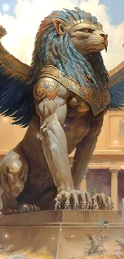 Majestic sphinx artwork in ancient setting with vibrant details.