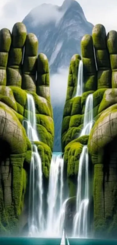 Majestic giant hands with waterfalls in a green mountainous landscape.