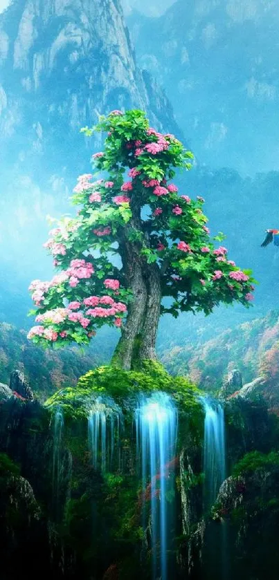 Fantasy wallpaper with tree on mountain and sparkling waterfall.