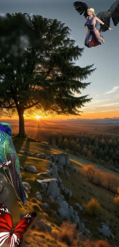 Fantasy wallpaper with sunset, fairy, and hummingbird in nature.