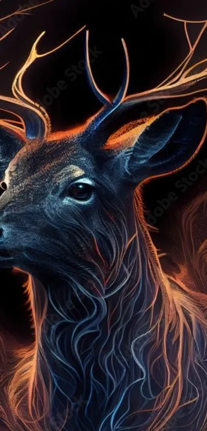Neon art of a majestic deer with glowing antlers.