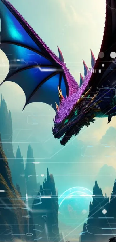 Majestic neon dragon flying over rocky canyon in vibrant fantasy landscape.