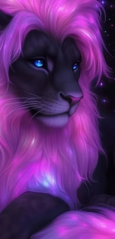 Majestic neon lion with purple mane, starry background.