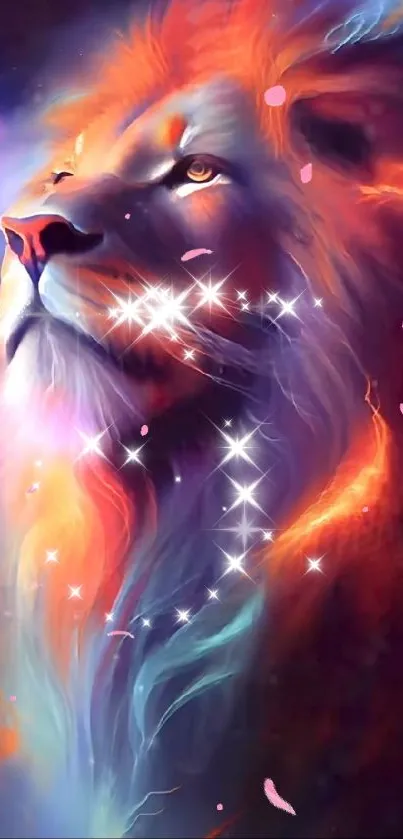 Vibrant neon lion with a colorful mane on mobile wallpaper.