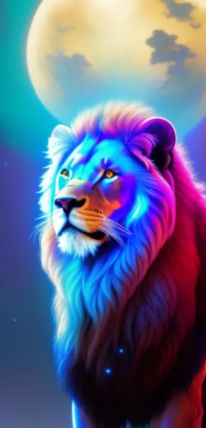 Majestic neon lion against a full moon in vibrant colors on the wallpaper.