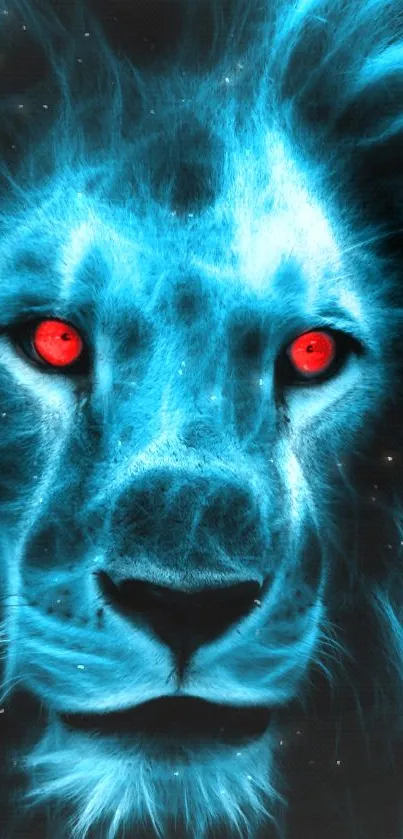 Neon blue lion with glowing red eyes in a digital artistic style.