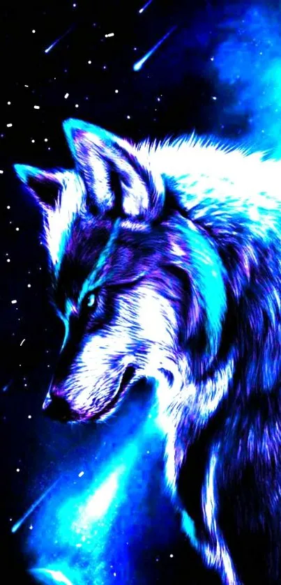 Neon wolf wallpaper with cosmic background and bright blue tones.