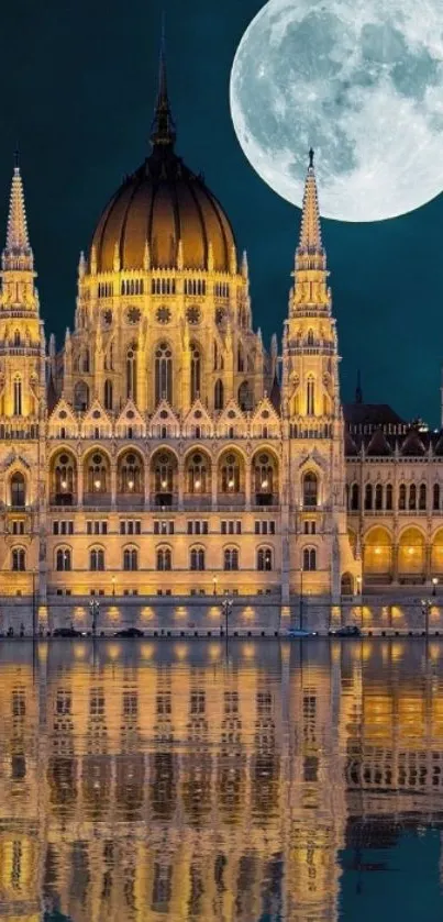 Majestic building with full moon reflection.