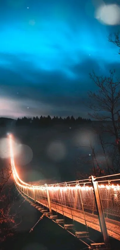 Night bridge with glowing lights under a teal blue sky.