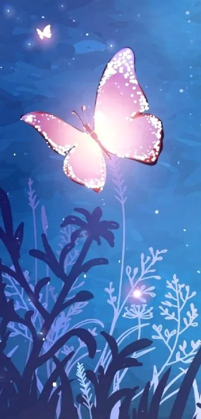 Glowing butterfly amidst serene night scene on mobile wallpaper.