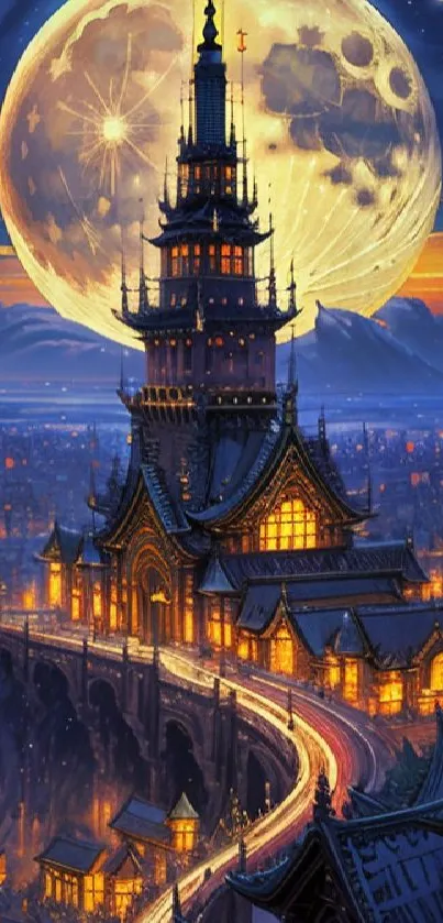 Majestic cityscape art under a glowing moon with vibrant colors and intricate details.