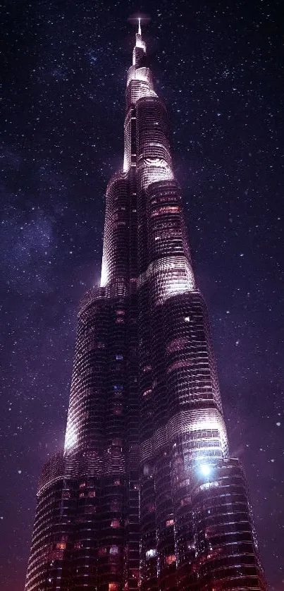 Illuminated skyscraper under a starry night sky for mobile wallpaper.