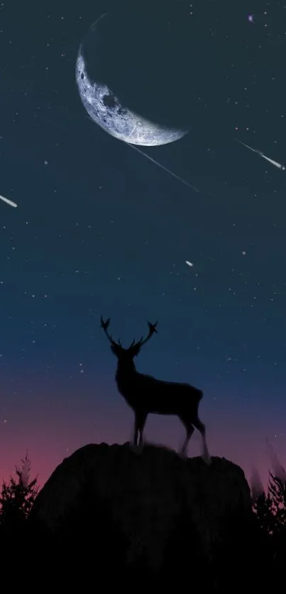 Silhouette of a deer under a starry night sky with a crescent moon.