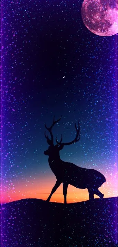 Silhouette of a deer at night under a crimson moon and twilight sky.