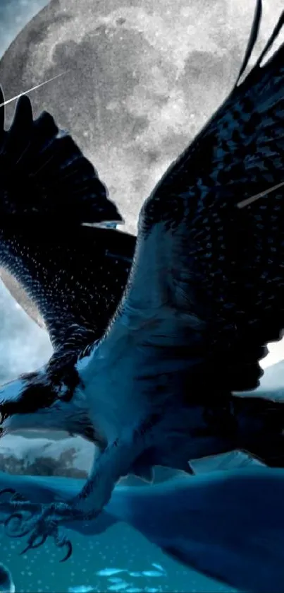 Eagle flying in front of a large full moon at night.