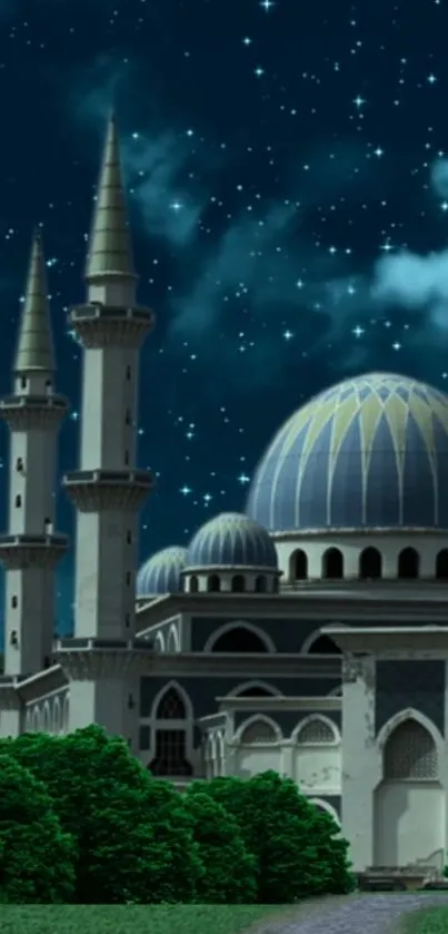 Glowing domed mosque under a starry night sky.