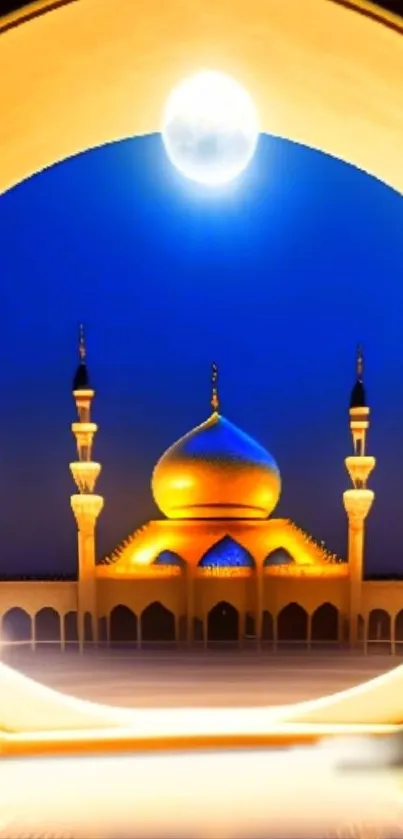 Illuminated mosque with arches under a bright full moon.