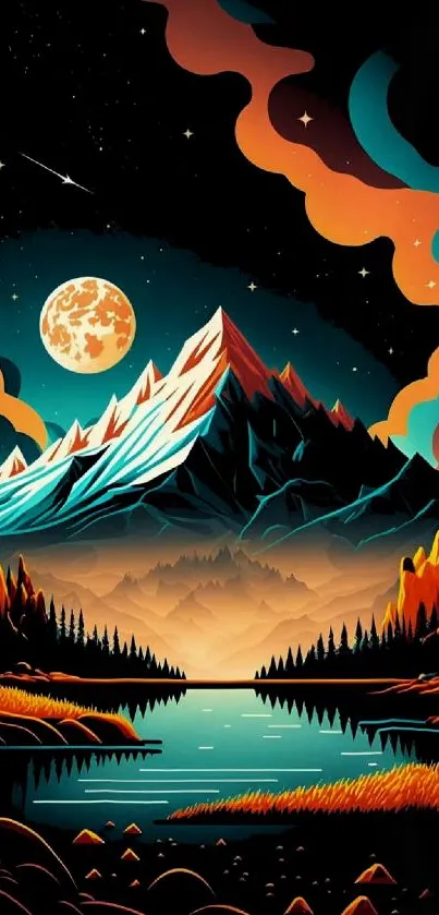 Colorful mountain landscape at night with a full moon.