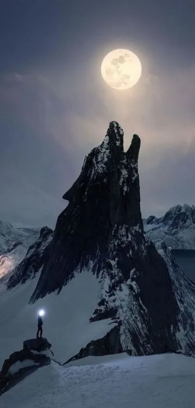 Moonlit mountain with a hiker under a full moon.