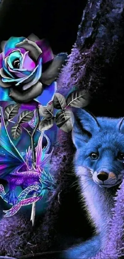 Mystical blue fox and black rose night art wallpaper with an eagle flying.