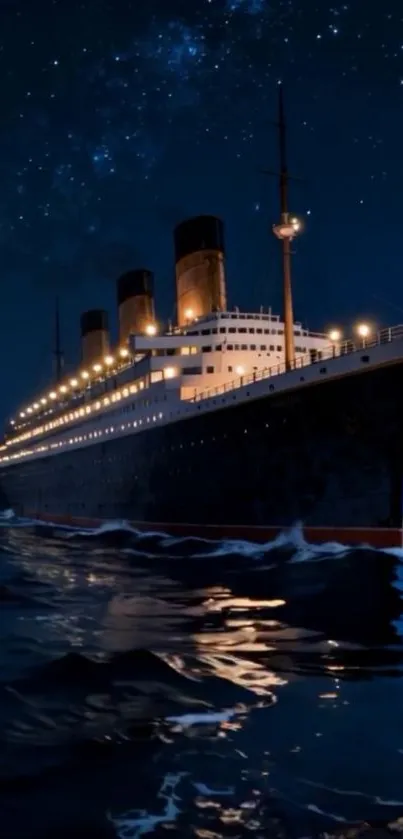 Majestic ocean liner against a starlit night sky on the sea.