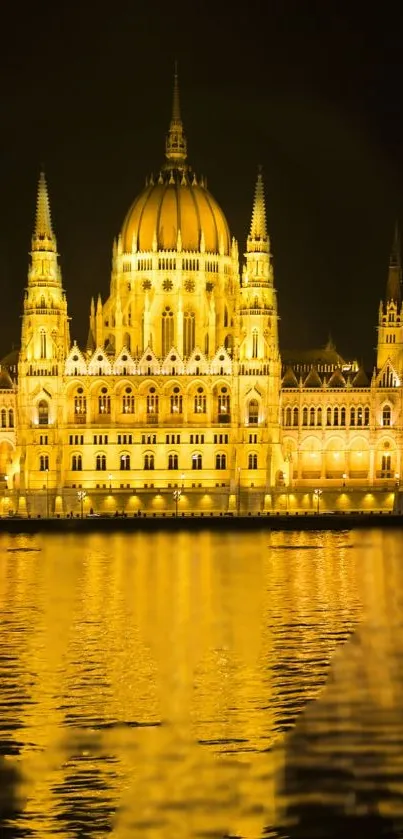 Nighttime view of illuminated palace and reflection on water.