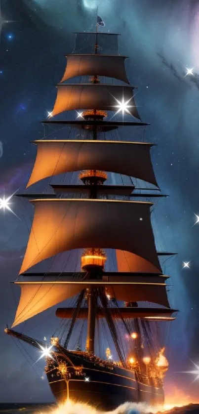 Majestic tall ship sailing under a vivid night sky with celestial clouds.