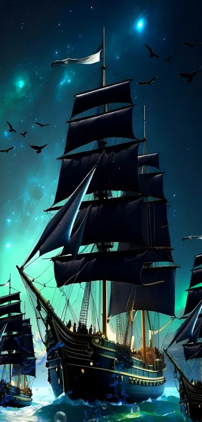 Majestic tall ships sailing under a starry night sky with bright stars.