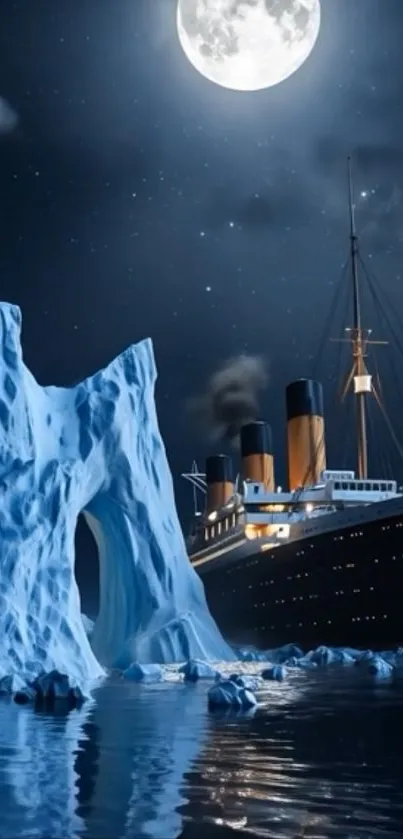 Ship sailing near an iceberg under the moonlight.