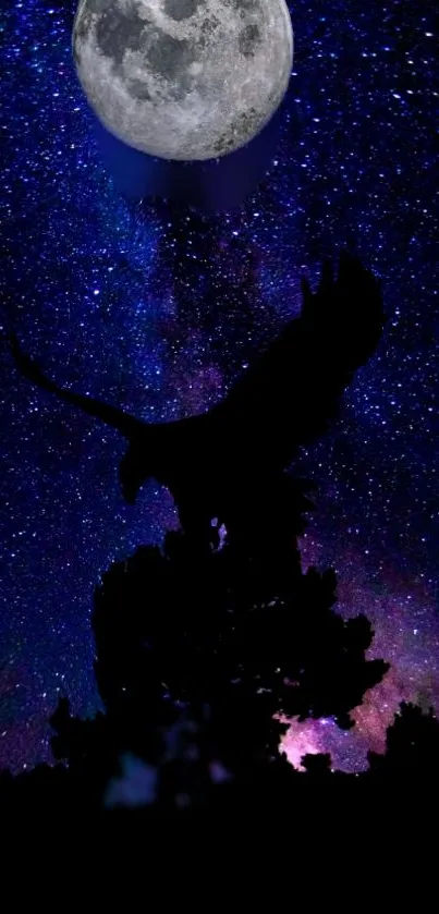 Fantasy night sky wallpaper with moon and silhouette.