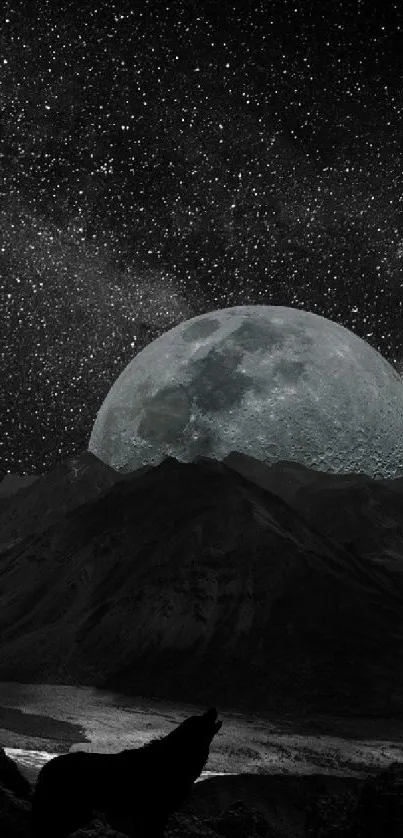 Wolf howling under a starry night sky with moonlight illuminating the mountains.