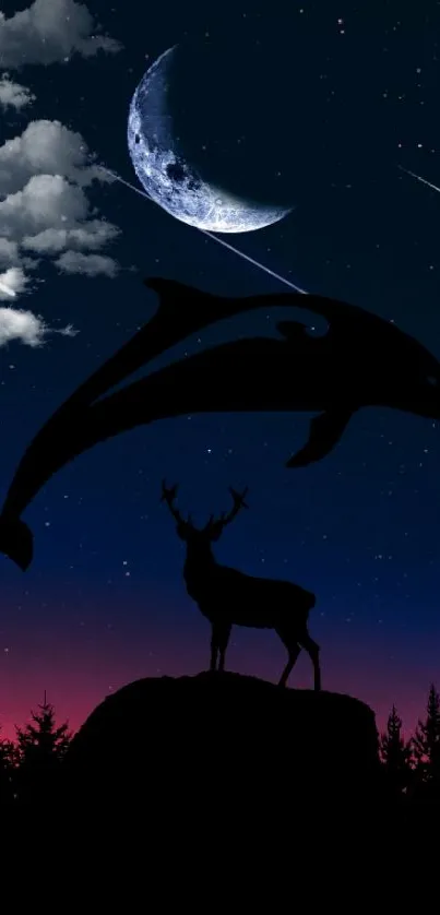 Dolphin and deer silhouetted against a starry night sky with crescent moon.