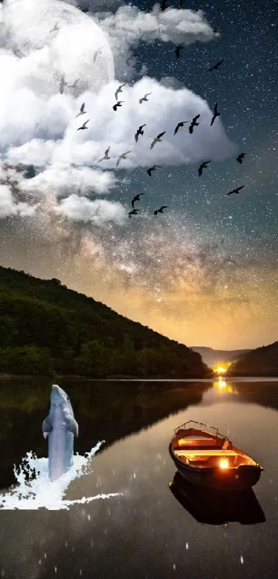 A surreal scene with a moonlit sky, dolphin, and boat on water.