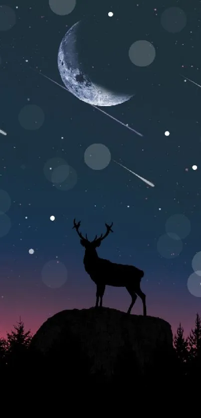 Deer silhouette in starry night with crescent moon and shooting stars.