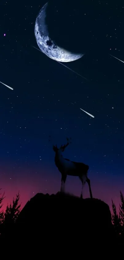 Night sky wallpaper with deer silhouette and moon.