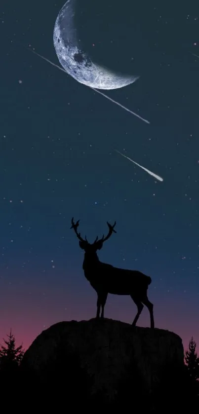 Silhouette of a deer under a crescent moon with stars on a dark blue sky.