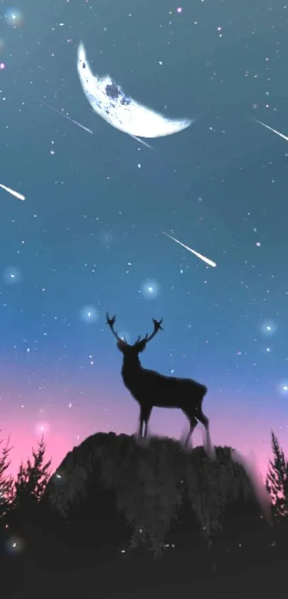 Deer silhouette under a starry sky with a crescent moon.