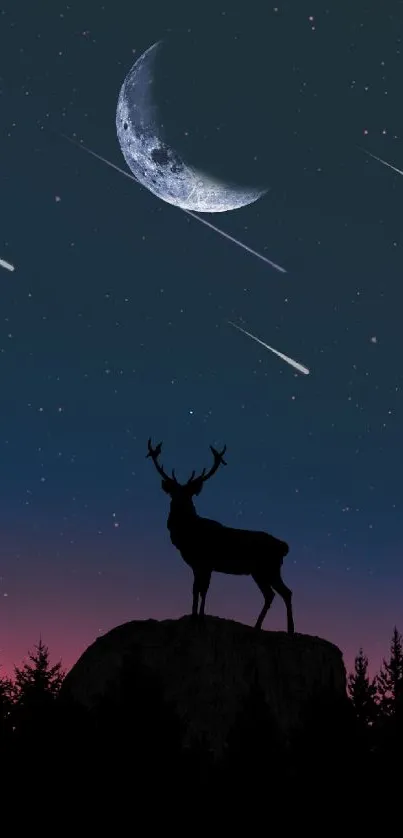 Silhouette of deer against starry night sky with crescent moon.