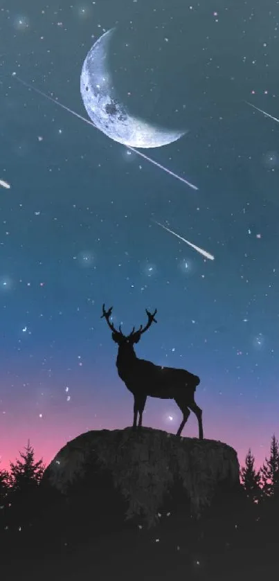 Silhouetted deer under a moonlit starry sky with shooting stars.