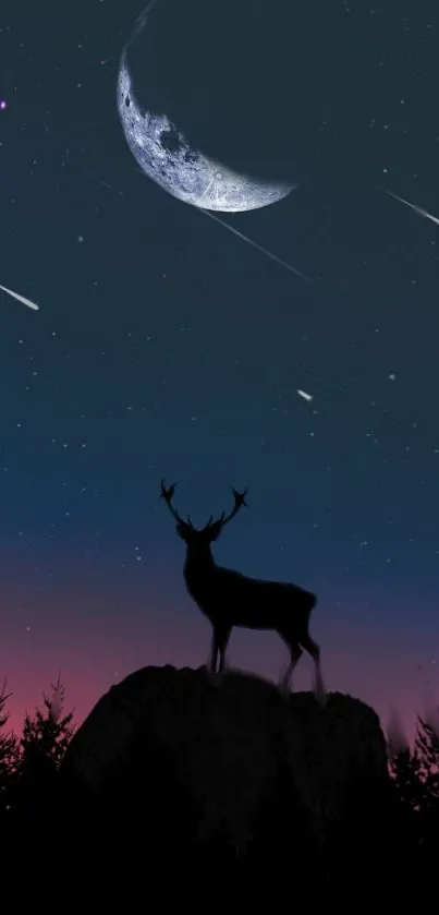 Majestic deer silhouetted against a night sky with a crescent moon and shooting stars.