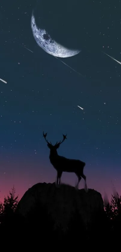 Deer silhouette under crescent moon in starry night sky.