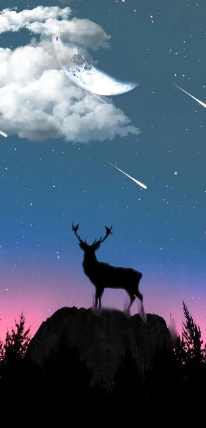 Silhouette of a deer under a starry night sky with moon and clouds.