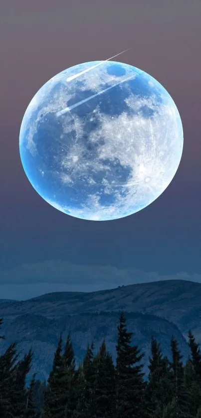 Blue moon rising over dark forest against twilight sky wallpaper.