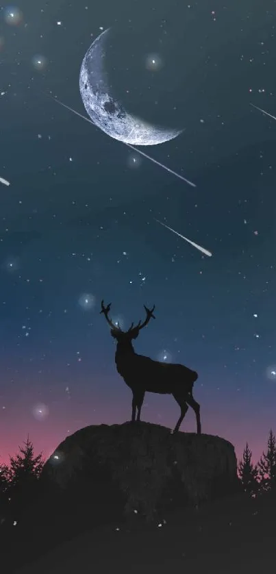 Silhouette of a deer under a starry night sky with a crescent moon and shooting stars.